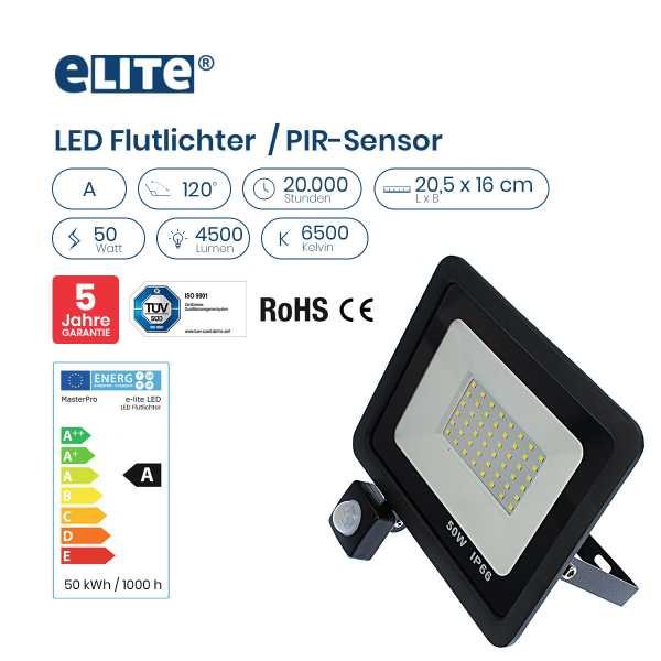 LED Flutlicht, 50W, 4500lm, 6500K PIR-Sensor
