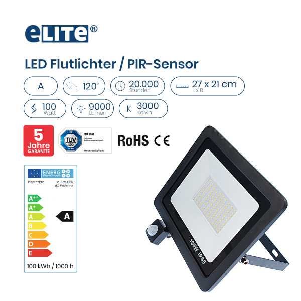 LED Flutlicht 100W 9000lm 3000K PIR-Sensor