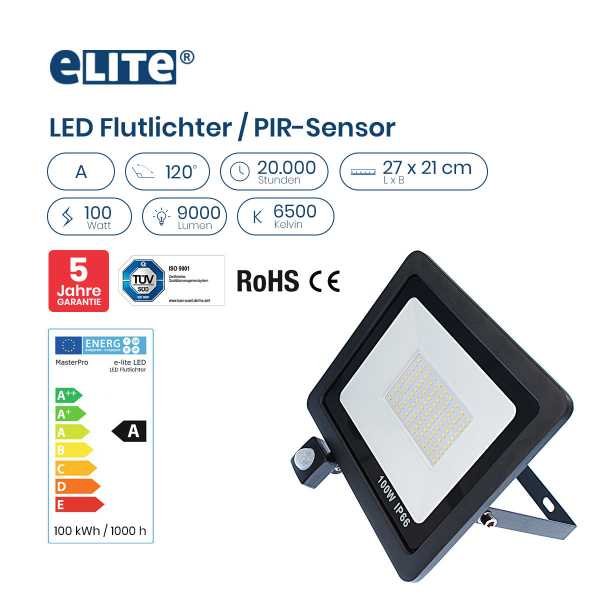 LED Flutlicht 100W 9000lm 6500K PIR-Sensor